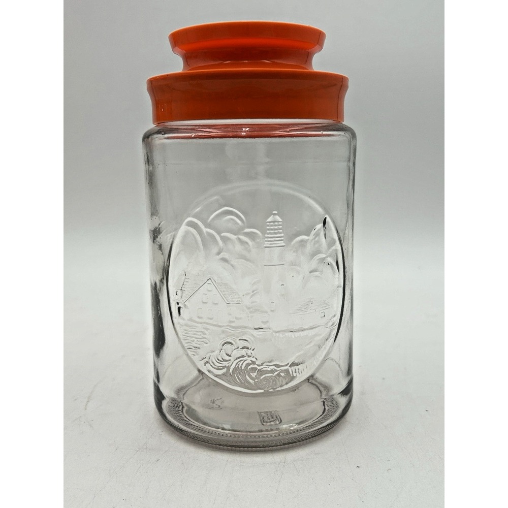 Anchor Hocking Tang "Lighthouse" Glass Storage Jar Orange Lid Vintage